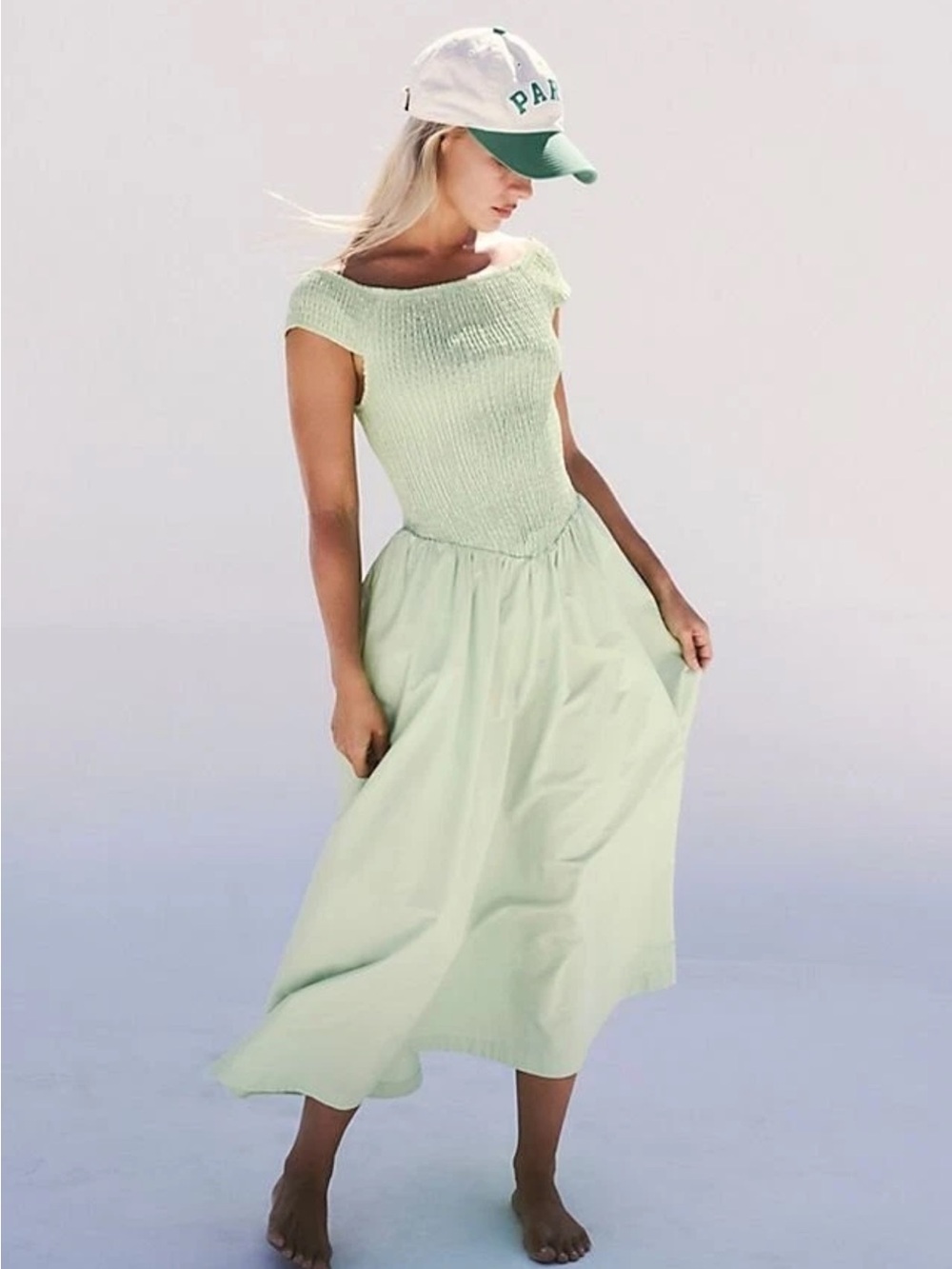 Free People Ceci Smocked Cotton Dress Midi in Mint